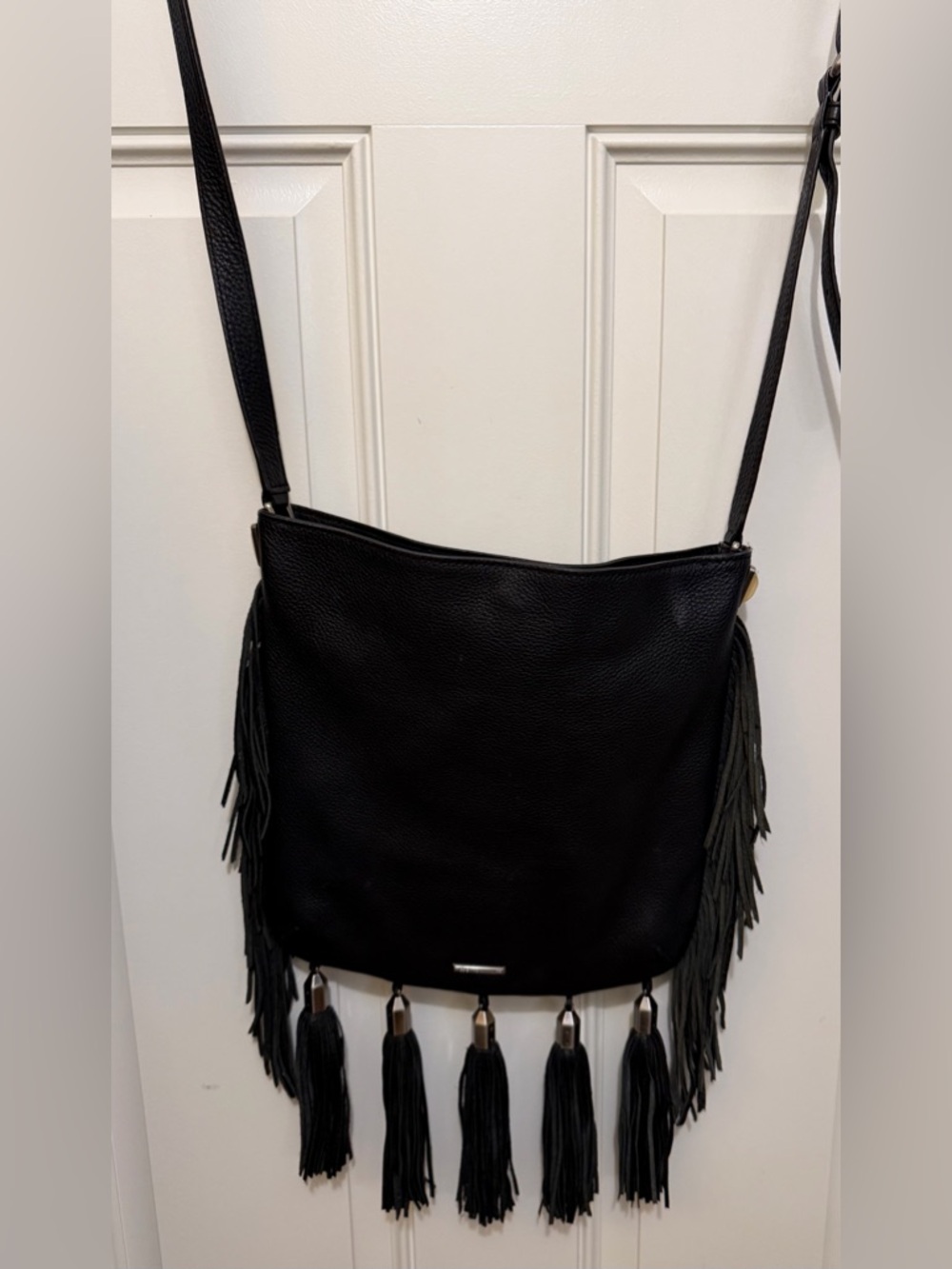 Fringed Tassel Crossbody Pebble Leather Black Bag - Picture 3 of 11